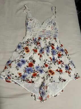 ILLA ILLA White Romper with Orange & Purple Floral Print